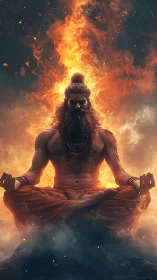 Ascetic yogi levitates in blazing inferno with dynamic rim light