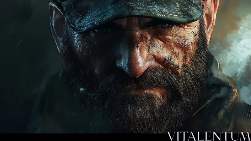 Weathered warrior’s steady gaze in a stormy twilight.