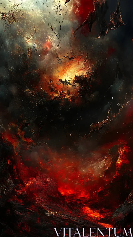 Volcanic inferno abstraction with dark atmospheric clouds.