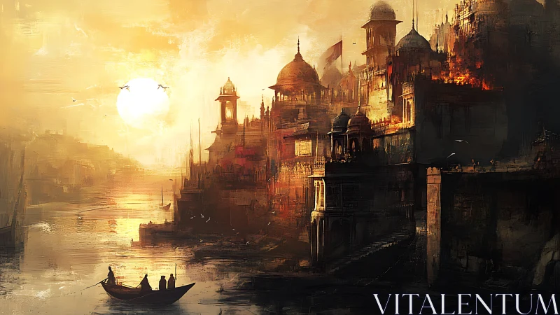 Sunlit riverfront citadel rendered in warm atmospheric perspective