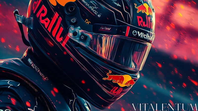High-saturation digital rendering shows racing helmet under ember field