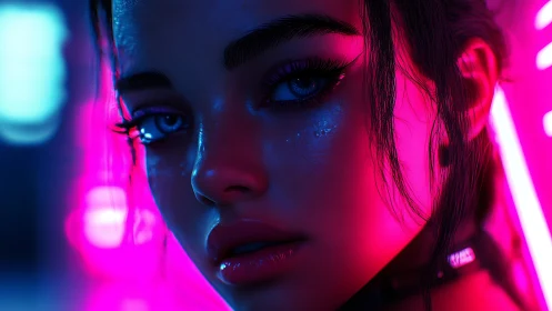 Neon lit female face rendered in high contrast closeup