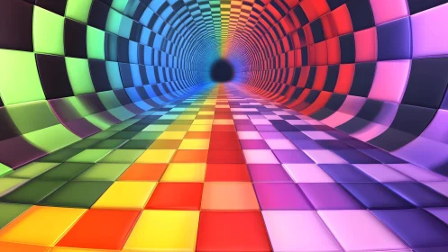 Vivid Checkered Tunnel in Rainbow Colors, Digital Abstract Art.