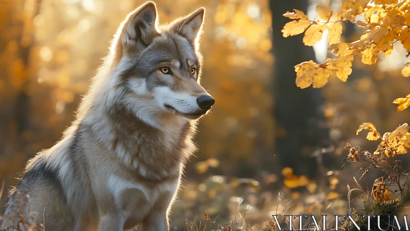 Golden forest wolf resting in gentle autumn sunlight.
