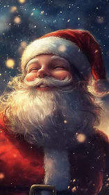 Smiling Santa Claus portrait in softly lit snowfall scene.