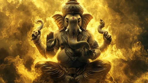 Elephant-headed deity statue is centered within golden flames