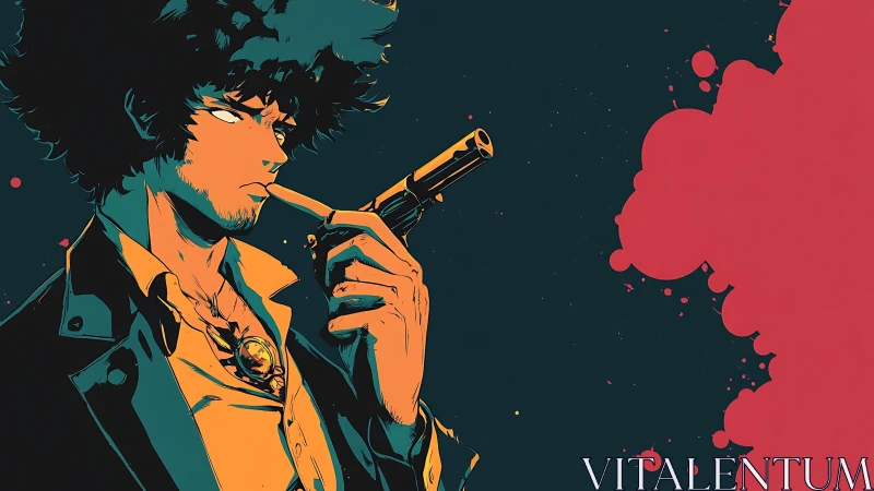 Stylized male figure with pistol and cigarette profile view.