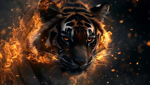 Fiery-eyed tiger emerges through swirling flames and sparks