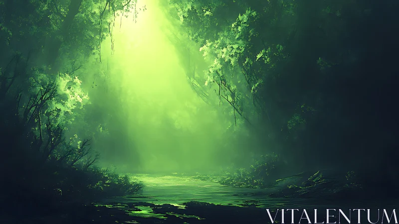 Luminous forest stream with radiant canopy light