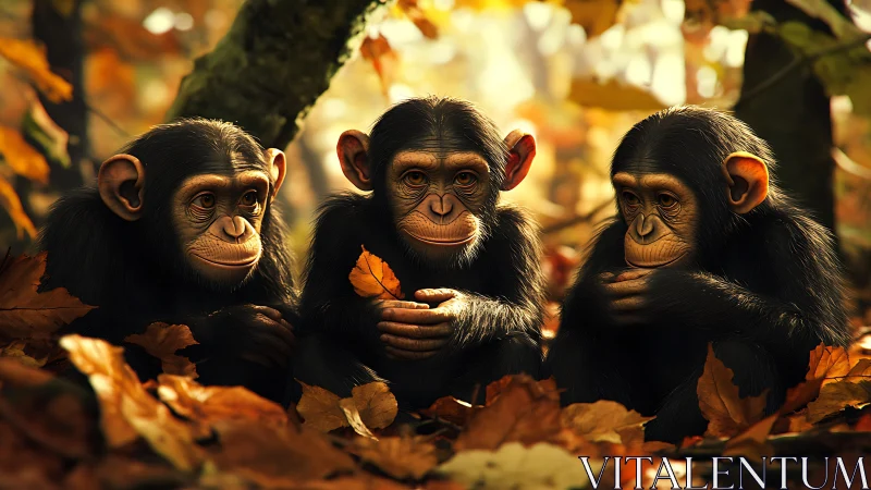 Young chimpanzees study autumn leaves in warm forest light.