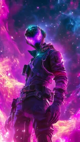 Nebula-helmed space ranger strides through violet starlight.