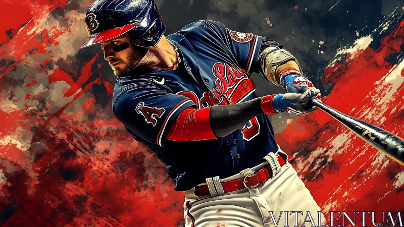 Baseball batter in intense swing with bold red backdrop.