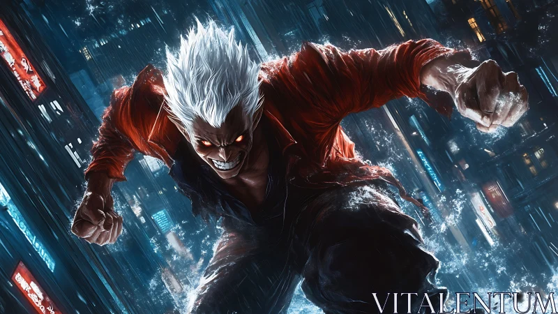 White-haired storm brawler dives through neon midnight rain.