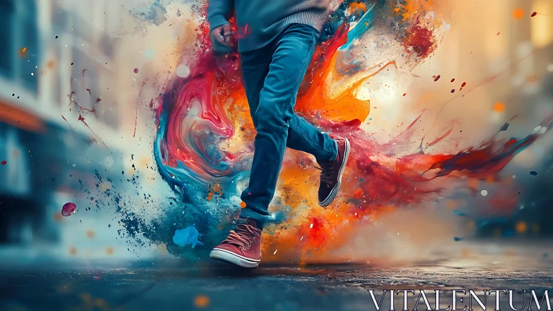 Runner in urban street exploding with vivid paint colors.