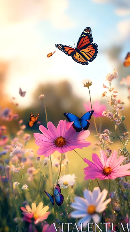 Gentle butterflies dancing above bright spring meadow blooms.