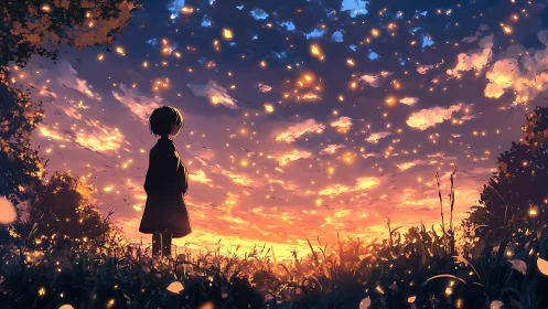 Silhouetted child watches glowing embers drift across sunset sky.