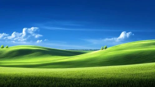 Green rolling hills under clear blue summer sky landscape.