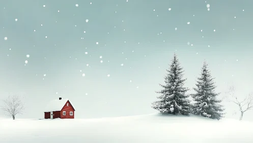 Minimalist winter landscape with red cabin and snow-laden conifers