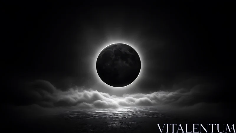 Moonlit eclipse over silver sea and whispering clouds.