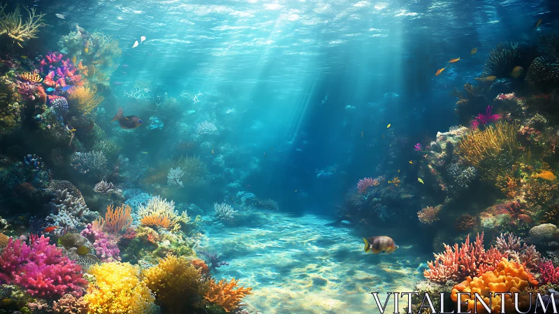 Colorful coral reef under clear blue tropical seawater light.