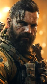 Battle-hardened soldier in warm cinematic portrait light.