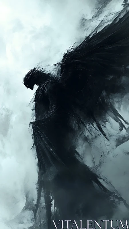 Shadow raven ascends through storm-laden mist. Period.