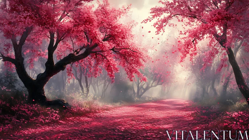 Digital path scene shows pink-blossomed trees under diffused light