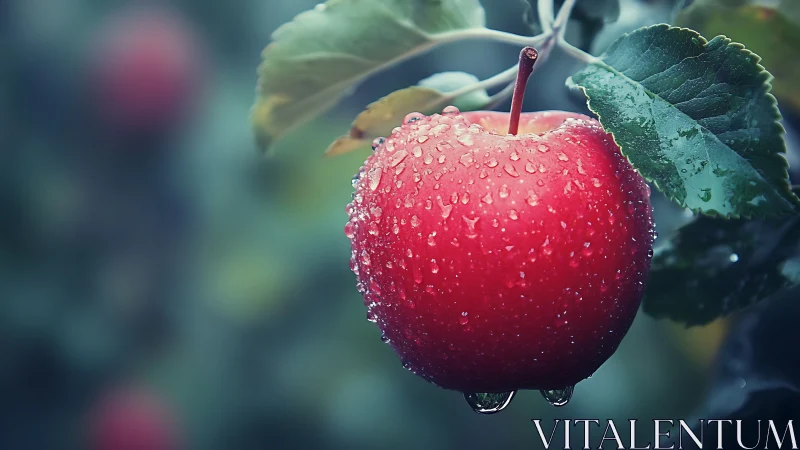 Dew-covered red apple in shallow depth-of-field orchard study.
