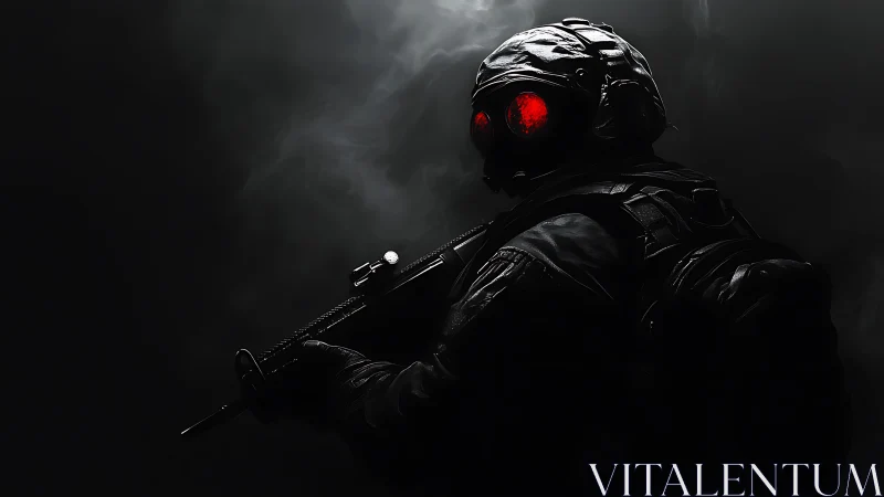 Shadow soldier with burning red goggles haunts the smoke.