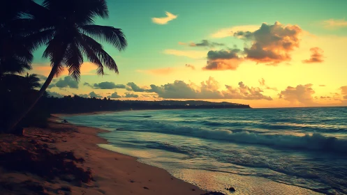 Tropical beach shoreline under vivid sunset sky glow.