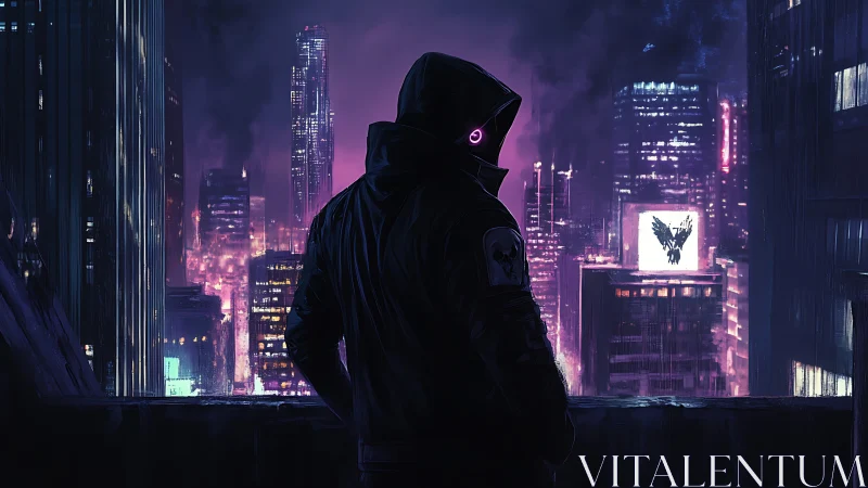 Hooded figure on rooftop overlooking neon cyberpunk city.