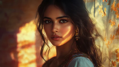 Portrait of young woman in patterned light near curtain.