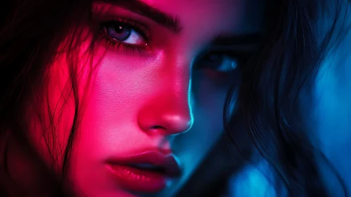 Neon lit close up portrait of woman in pink and blue light.
