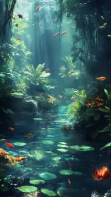 Subsurface rainforest stream with volumetric light and koi dynamics.
