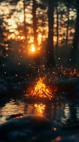 Campfire at dusk with forest backdrop and bokeh effect.