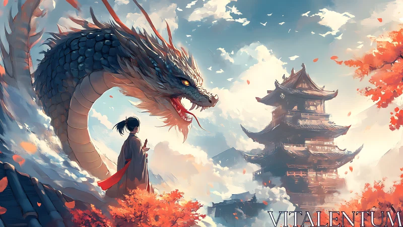 Dragon sentinel beside shrine tower in autumn clouds.