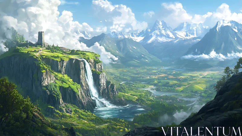 Sunlit cliffside keep above a bright wandering valley.