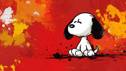 Cartoon dog sits against bold red splatter backdrop.