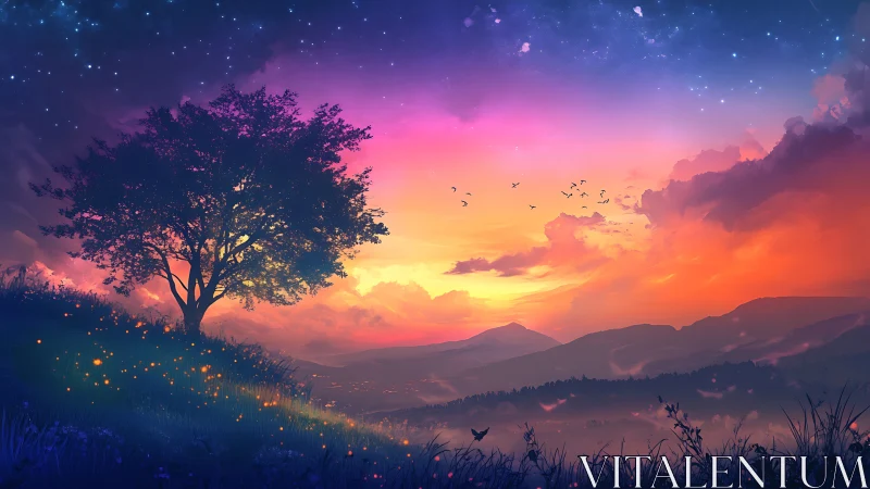 Solitary tree silhouette on hill against multicolor sky.