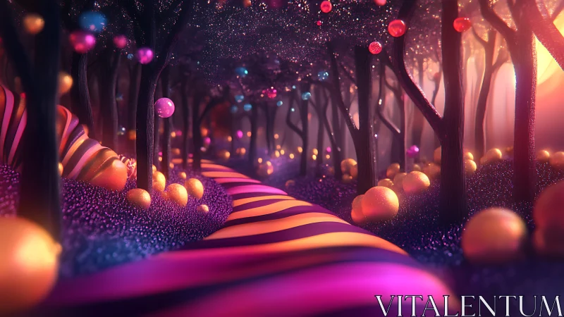 Striped pathway through stylized glowing forest landscape.