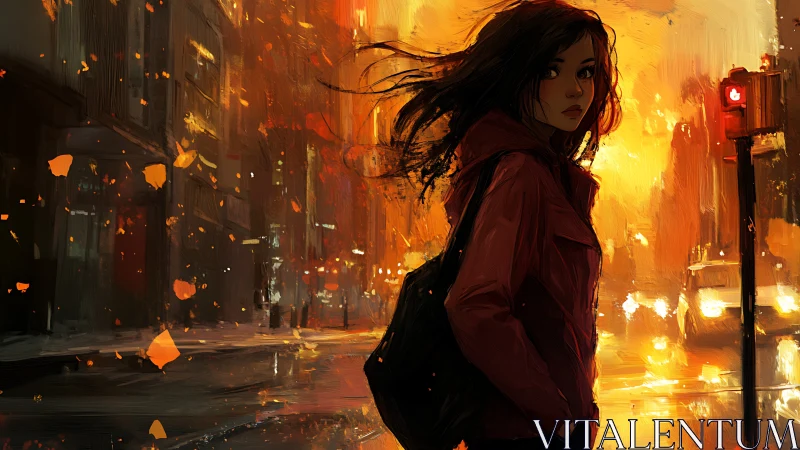 Girl in red coat crosses burning neon city street at dusk.