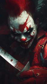 Red-haired clown with bloodstained knife in dark setting.