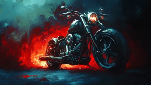 Motorcycle rendered in red and blue digital lighting effects.
