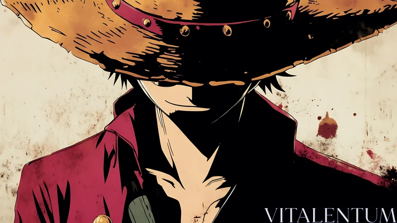 Straw hat shadow rogue half-hid in crimson stormlight.