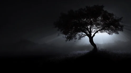 Isolated tree silhouette against diffuse monochrome backlight.