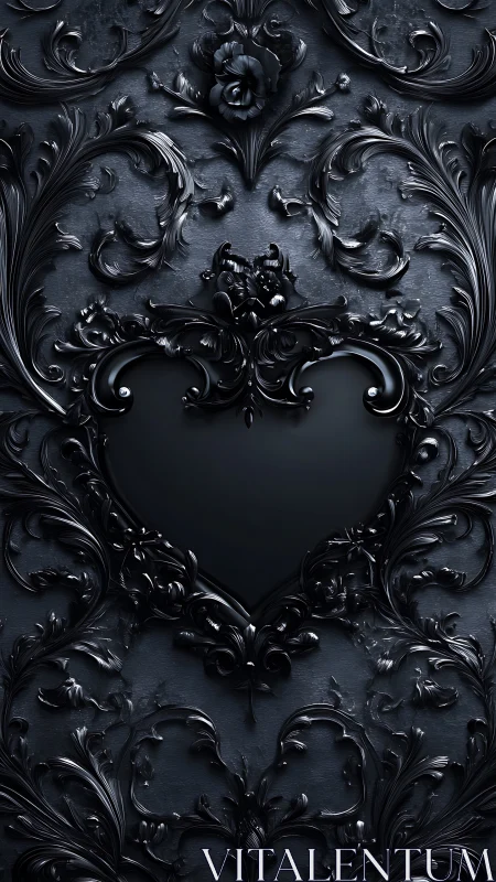 Ornate Black Heart. Baroque Relief Sculptural Form.