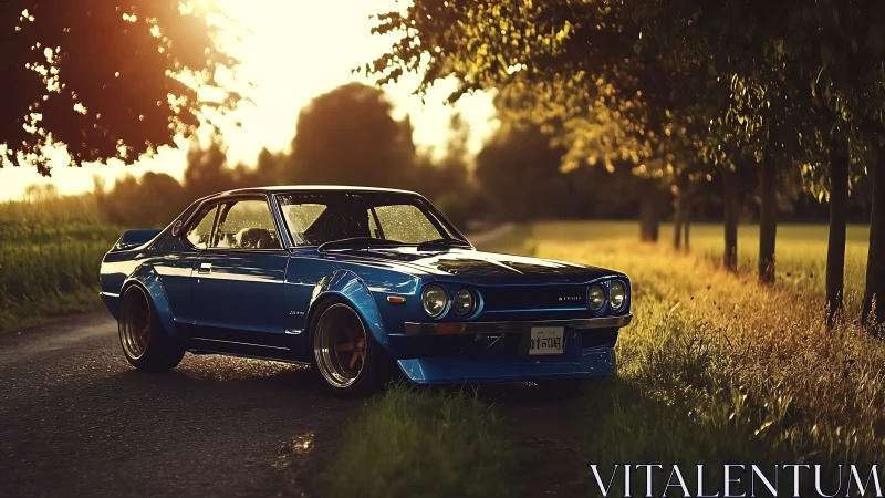 Sunlit blue classic car resting on a peaceful country lane.