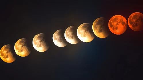 Lunar eclipse progression in composite telephoto night sequence.