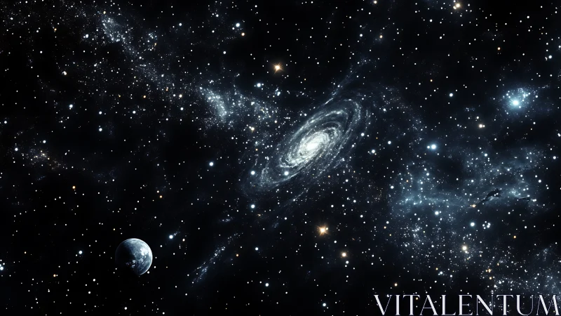 Spiral galaxy panorama with distant Earth in star-dense void.