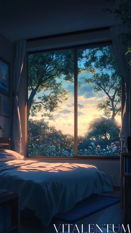Sunlit bedroom with garden view at tranquil sunrise.
